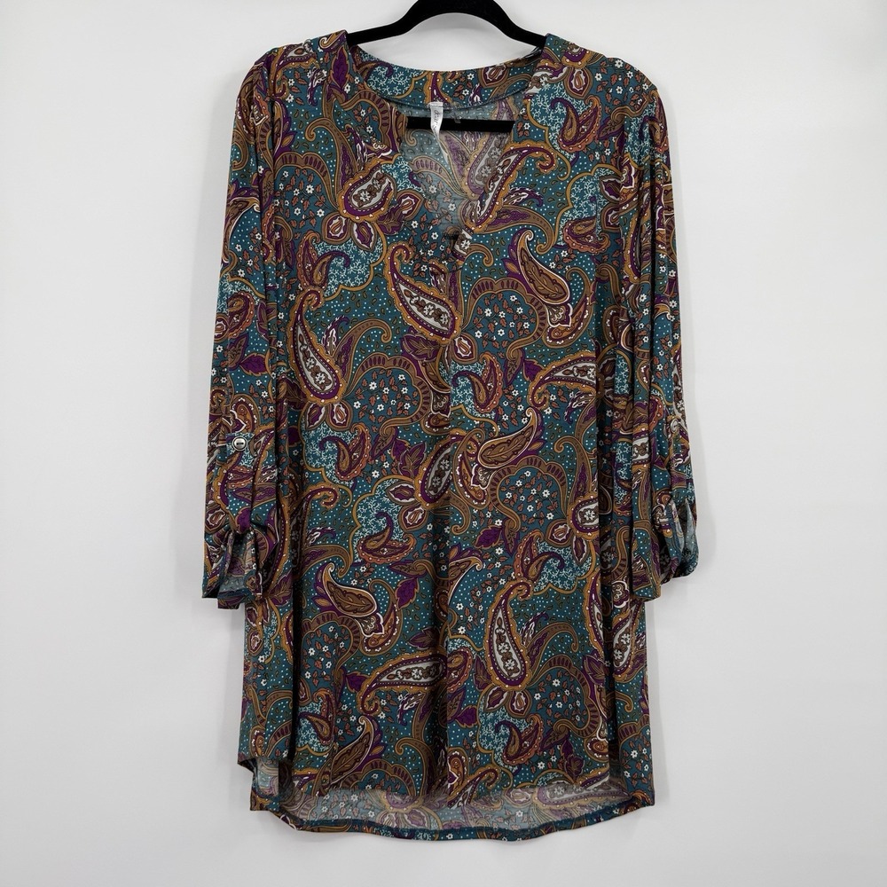 Dear‎ Scarlett Shirt Top Womens XL Multicolor Paisley Teal Lizzy Slinky Tunic